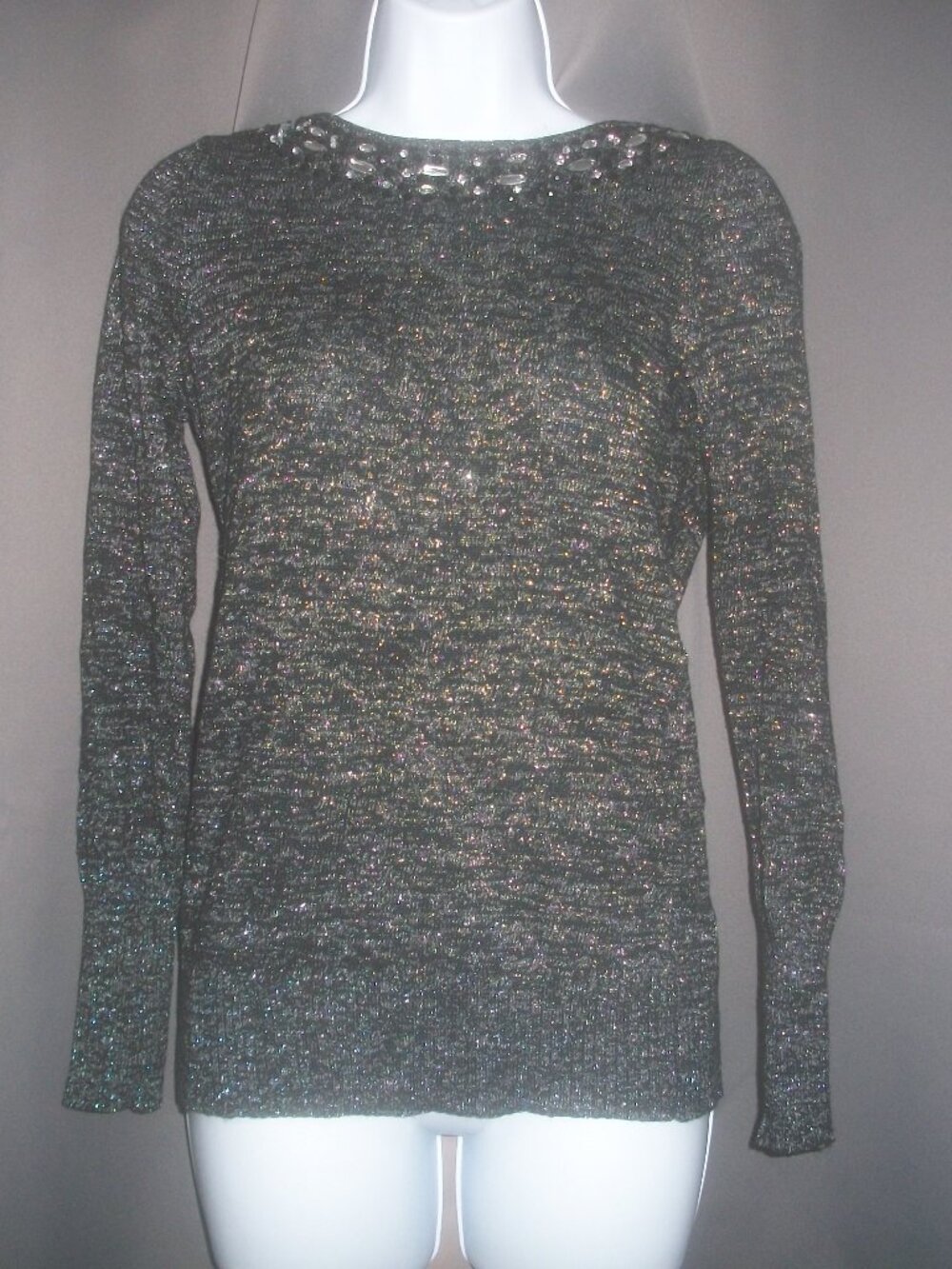 womens backless metallic sweater. silver beading/stones. size small